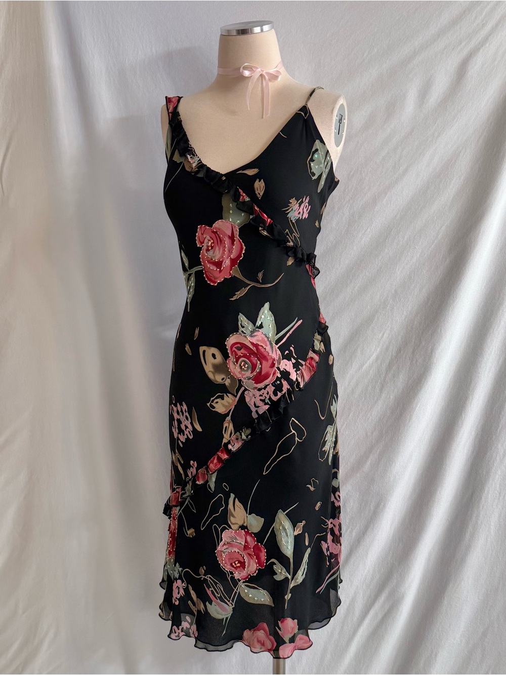 Vintage Silk Beaded Rose Print Dress
